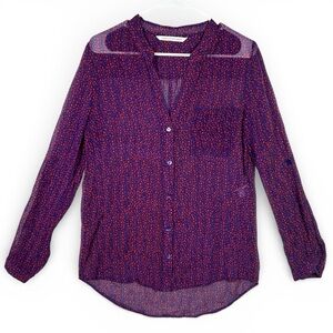 Diane Von Furstenberg 100% Silk Purple Red Sheer Button Down Blouse Top Size 8